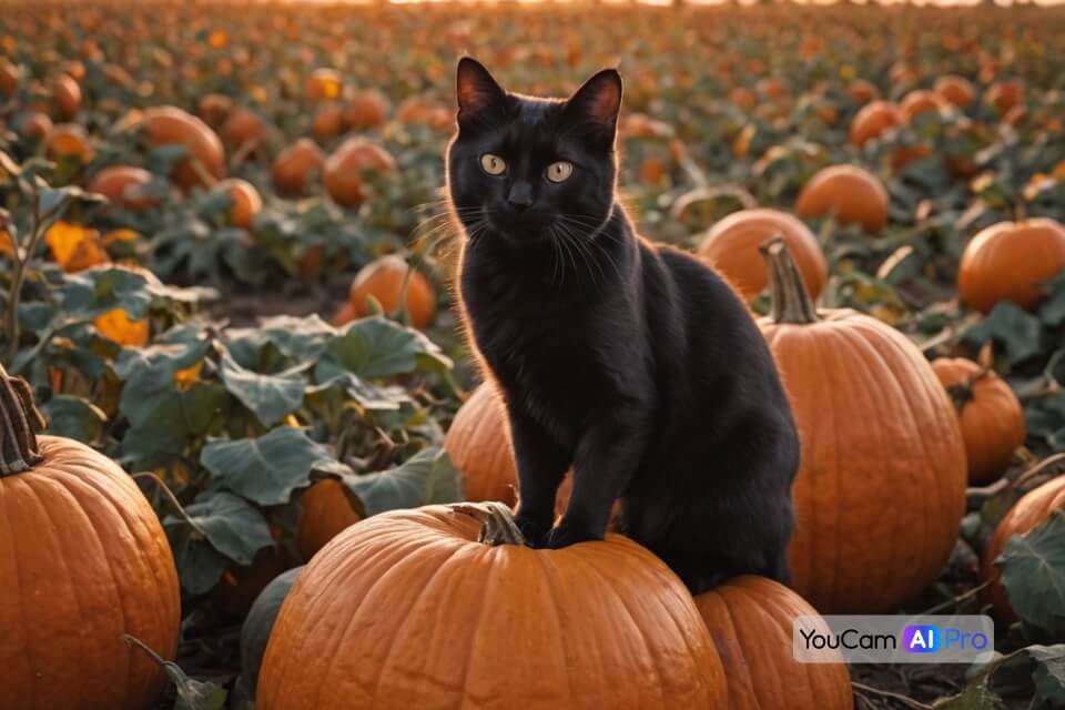 Eine schwarze Katze sitzt auf einem Kürbis in einem Kürbisfeld, im warmen Licht des Sonnenuntergangs