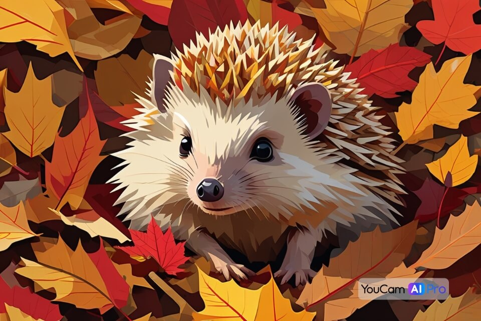Ein kleiner Igel, der in einem Haufen Herbstlaub sitzt, mit goldenen und roten Blättern um ihn herum.