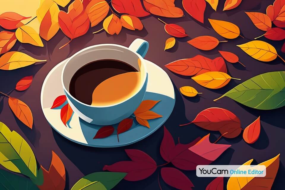 Ein Bild von einem herbstlichen Sonnenaufgang, bei dem eine Tasse Kaffee im Vordergrund steht, umgeben von bunten Blättern.