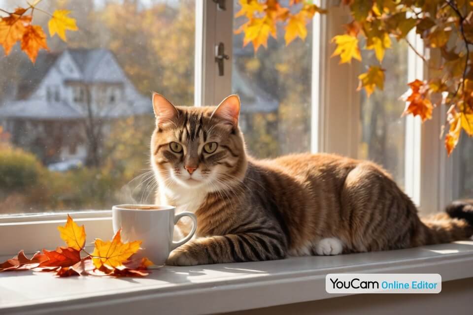 Eine Katze, die sich auf einem Fensterbrett räkelt, neben einer dampfenden Tasse Kaffee, während draußen die herbstlichen Blätter fallen.
