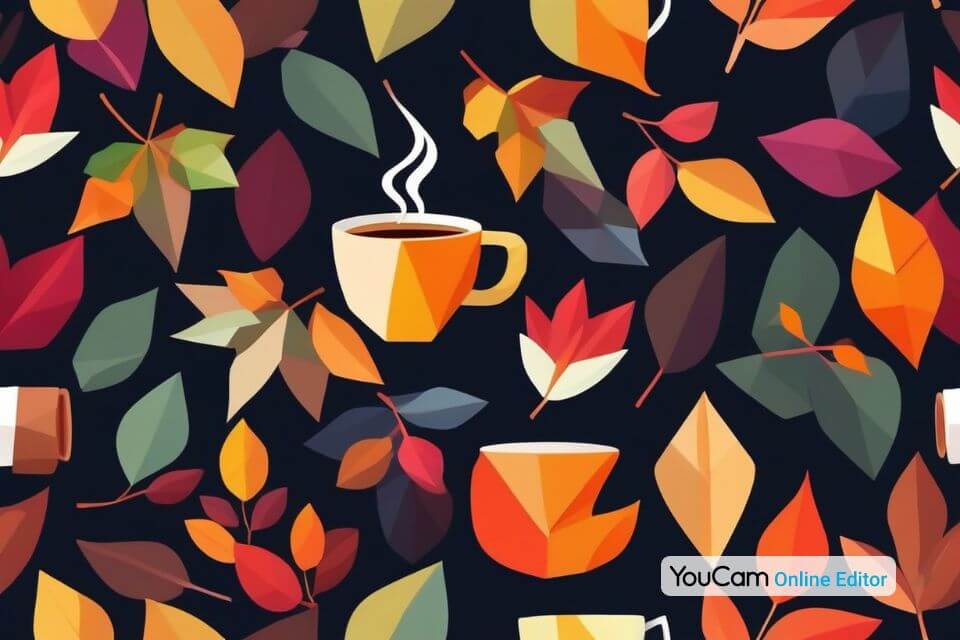Herbstliches Muster mit bunten Blättern und Kaffee