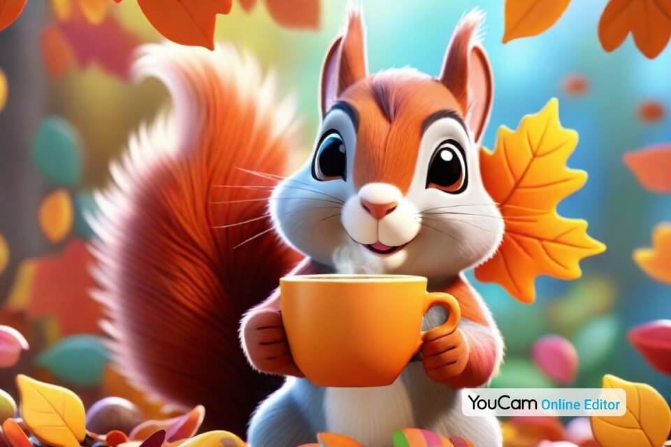 Niedliches Eichhörnchen, das eine dampfende Tasse Kaffee hält, umgeben von buntem Herbstlaub.