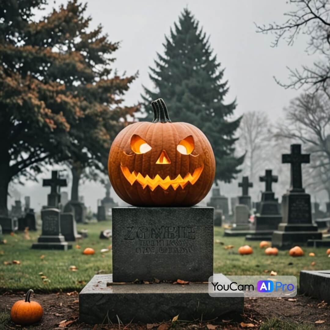 Zombie-Kürbis auf einem Friedhof mit Nebel