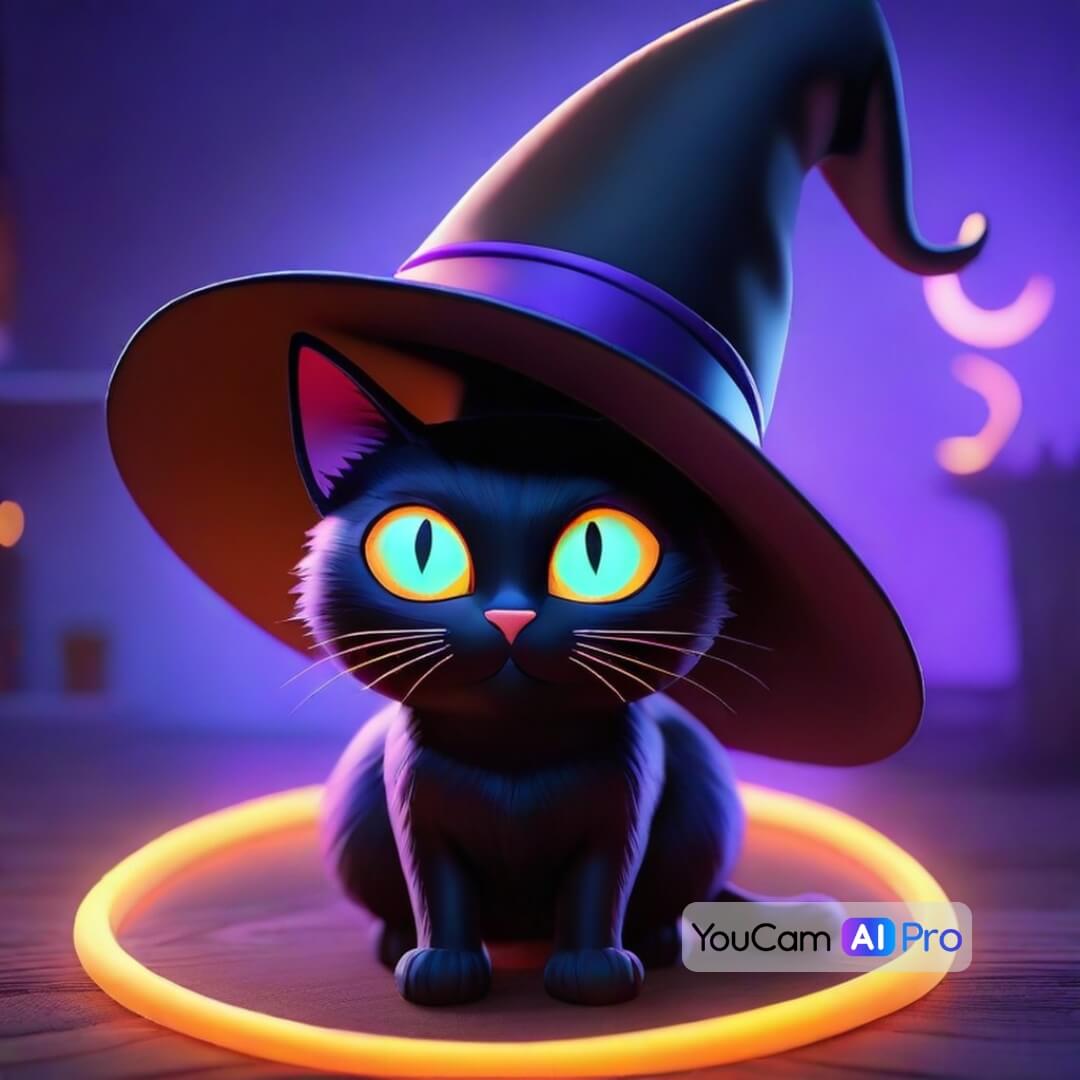 Schwarze Katze mit leuchtenden Augen und einem Hexenhut