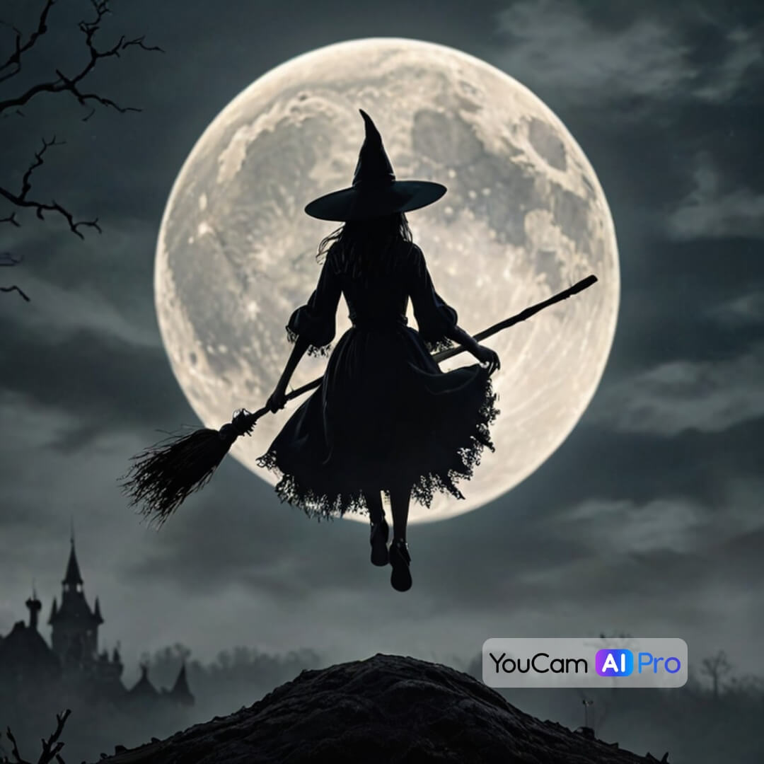 Hexe auf einem Besen vor einem Vollmond