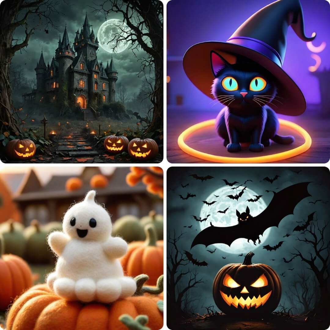 Verschiedene Halloween-Bilder mit schwarzer Katze, Gespenst, Schloss und Kürbissen.