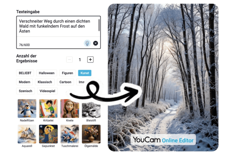 Tutorial, wie man Winterbilder mit dem Bild-Generator im YouCam Online Editor erstellt.