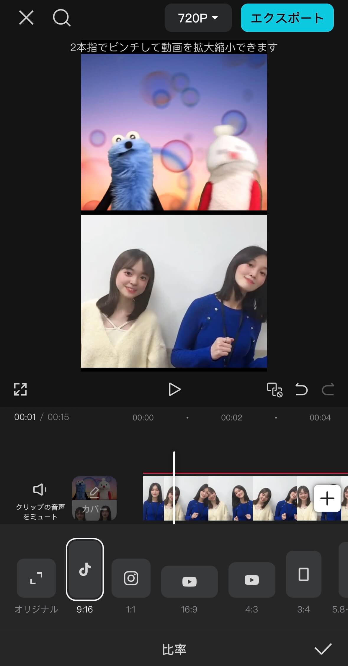 動画のサイズを変更する様子