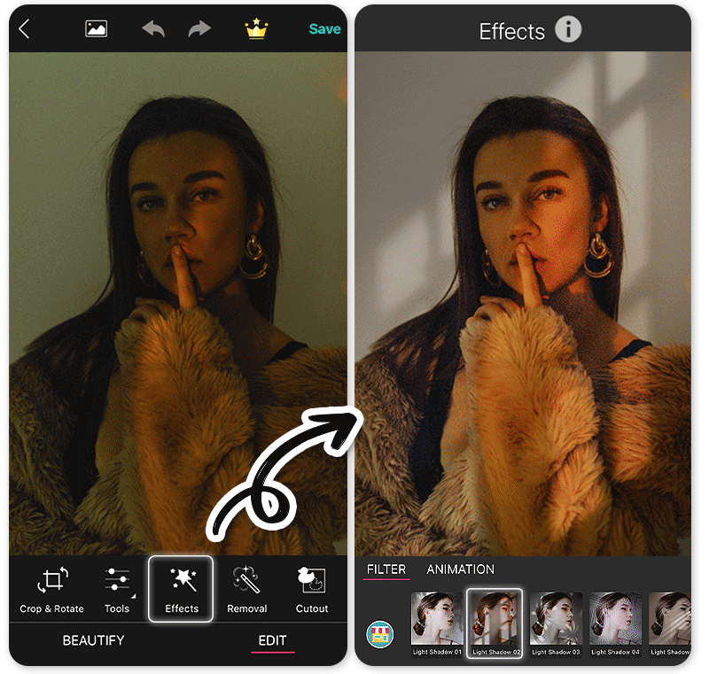 Antes e depois de usar filtros de sombras artísticas do YouCam Perfect.