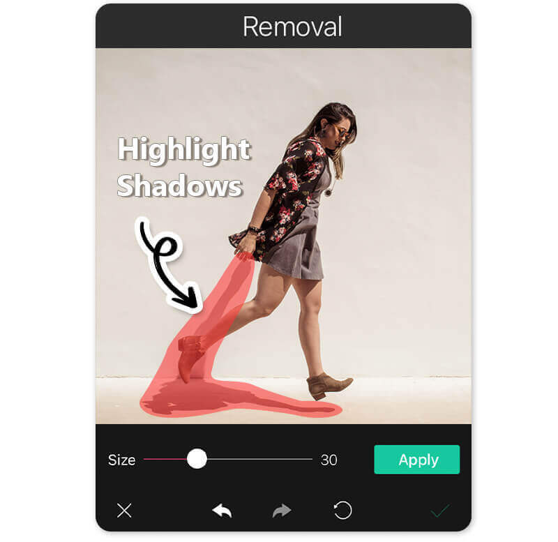 Ferramenta de remoção do app YouCam Perfect destacando uma sombra para ser apagada.