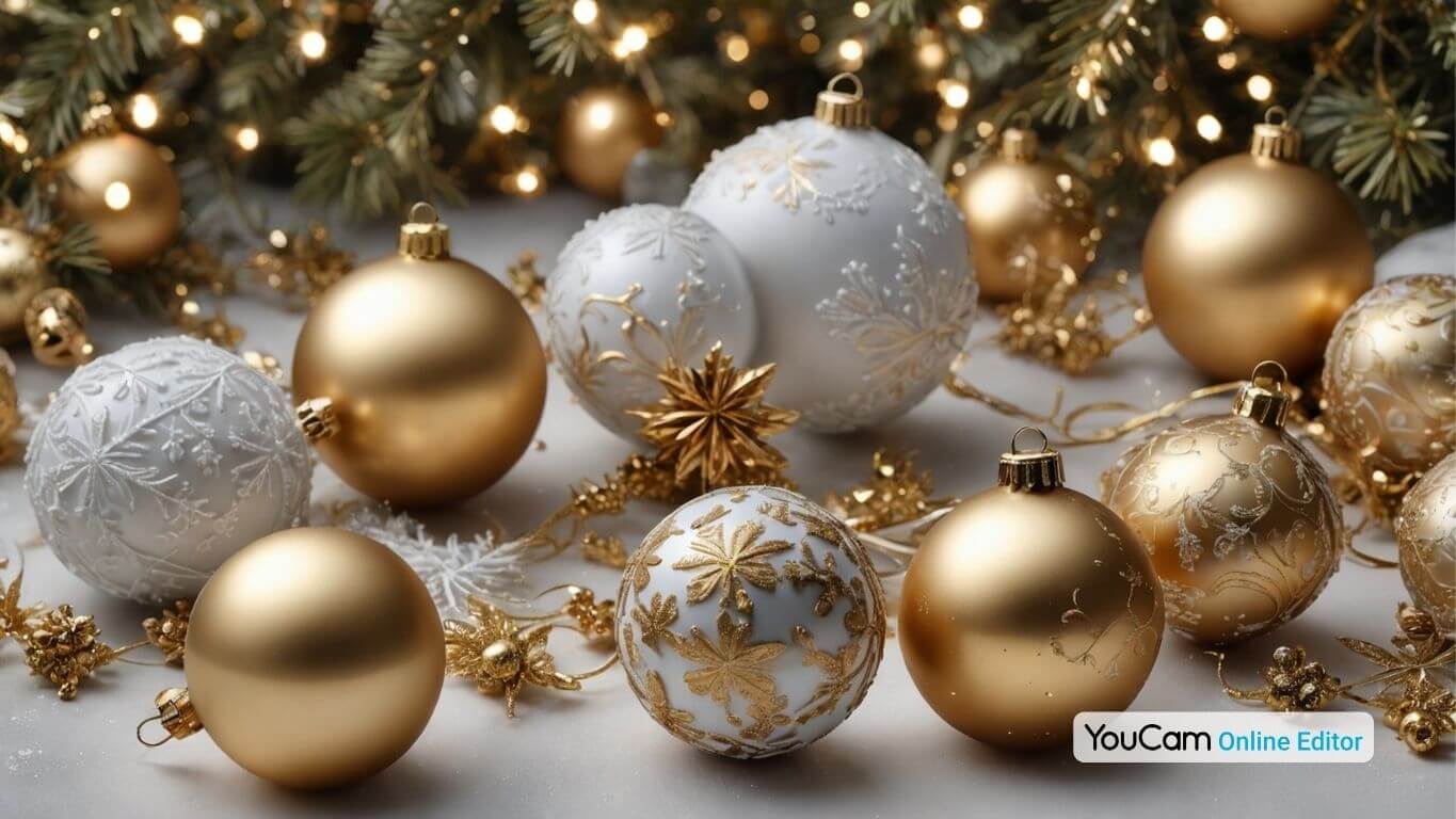 Elegant gold and white Christmas ornaments with delicate snowflakes falling