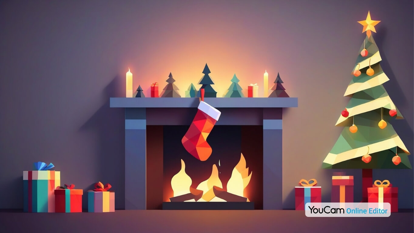 Warm fireplace with stockings, Christmas gifts, and a softly glowing Christmas tree