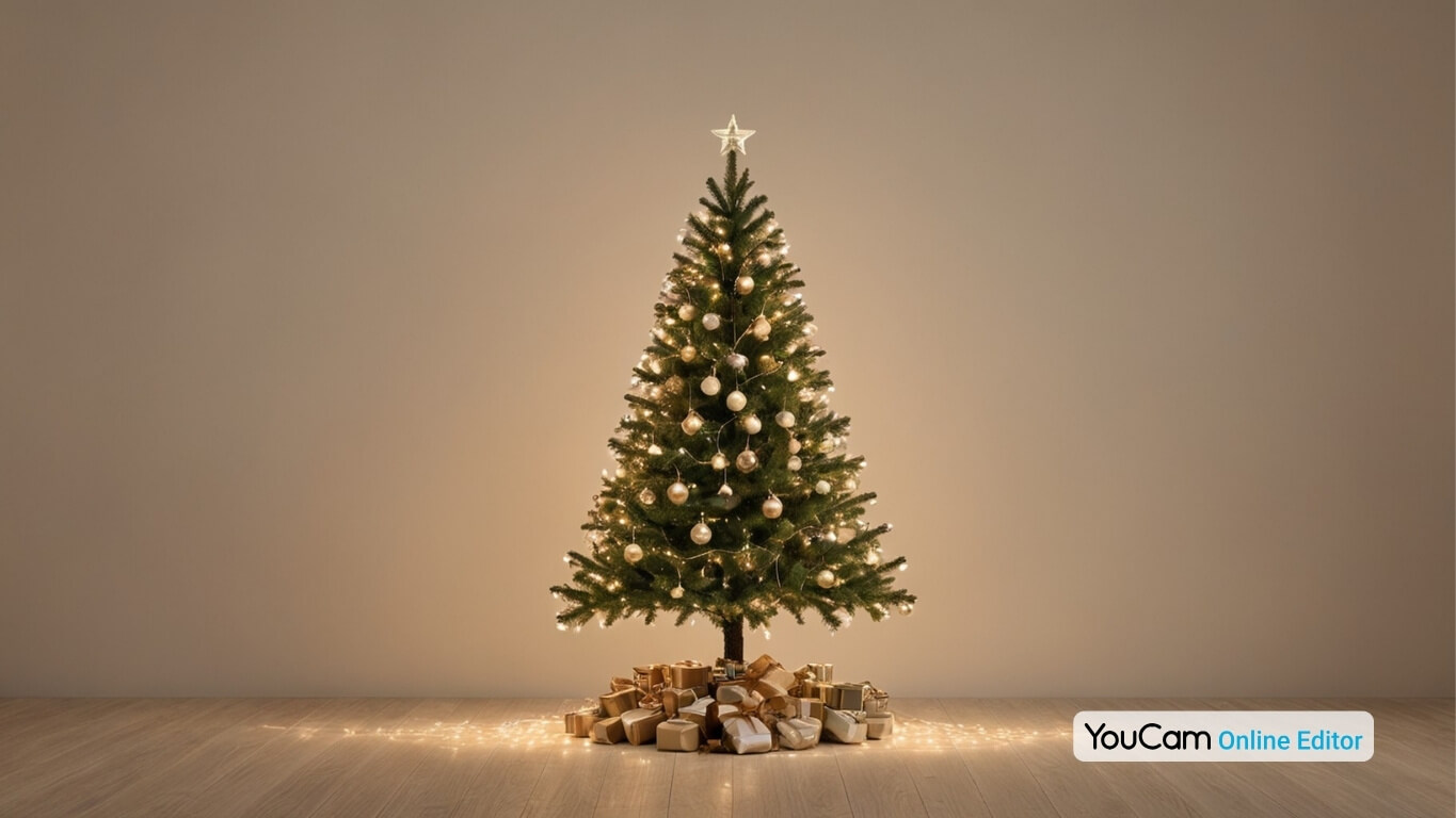 Aesthetic minimalist Christmas tree with fairy lights against a soft beige background