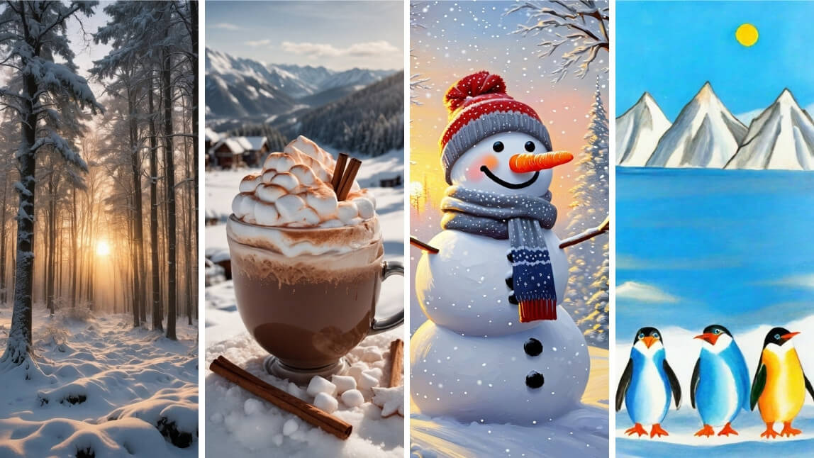 Verschiedene Guten Morgen Winterbilder: Wald, Tasse Kaffee, Schneemann und Pinguine