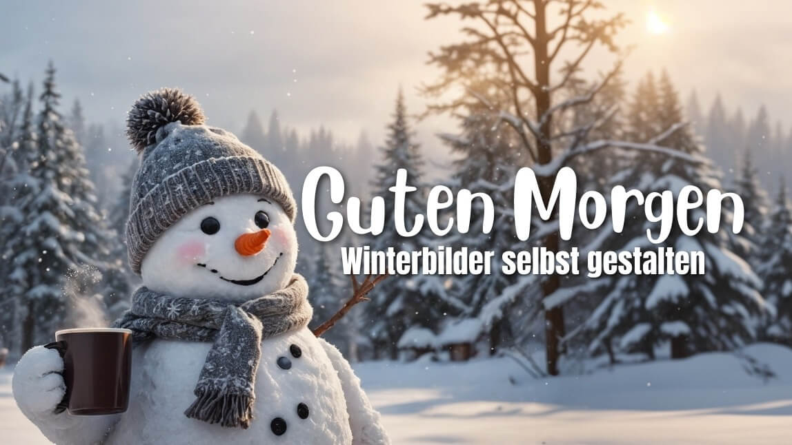 Schneemann mit einer Tasse Kaffee an einem winterlichen guten Morgen