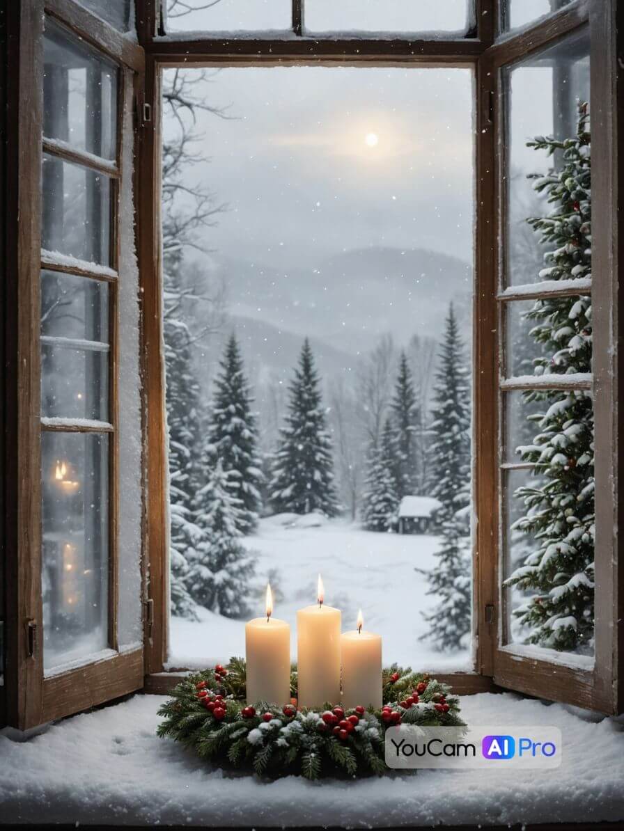 Adventskranz mit Kerzen auf einer Fensterbank, dahinter schneebedeckte Landschaft und sanft fallender Schnee