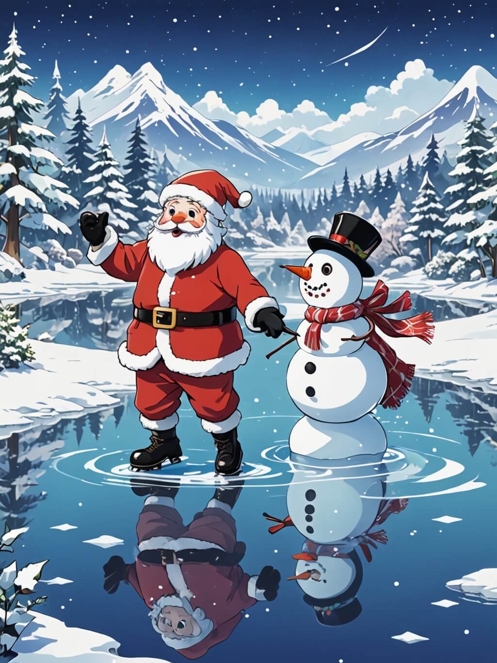 聖誕節圖案：聖誕老公公和雪人滑冰