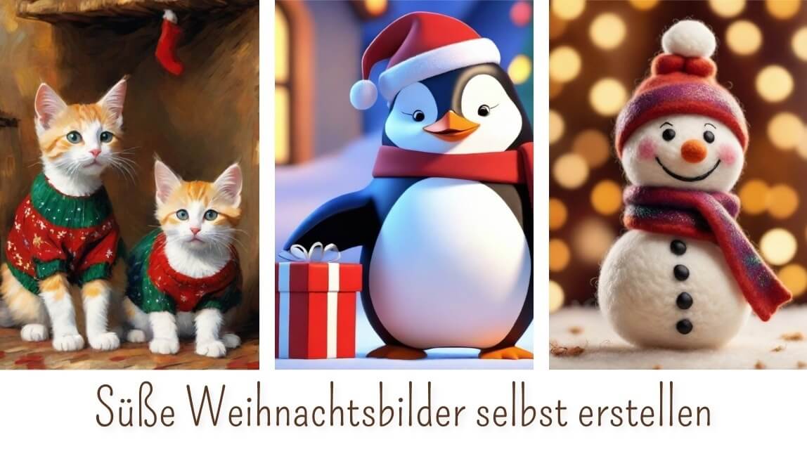 Süße Weihnachtsbilder mit Katzen, Pinguin und Schneemann