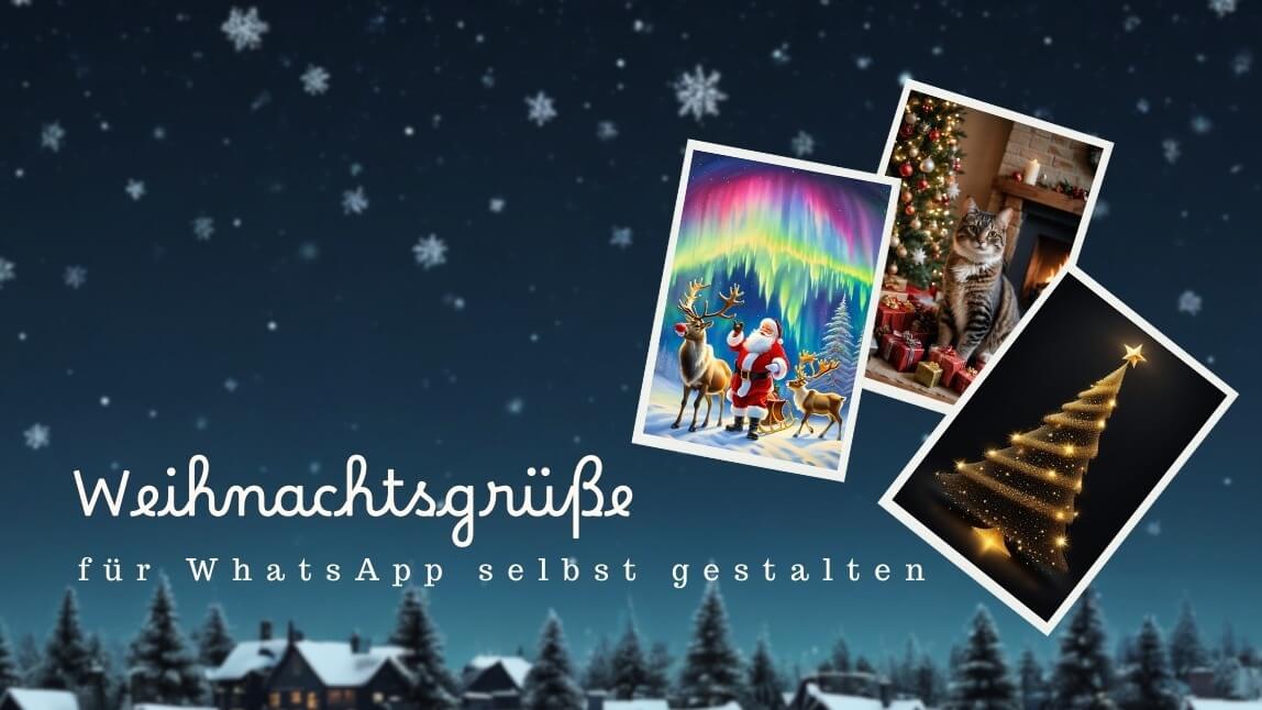 Weihnachtsgruß mit drei Bildern, die Weihnachtsmann, Katze und goldenen Tannenbaum zeigen.