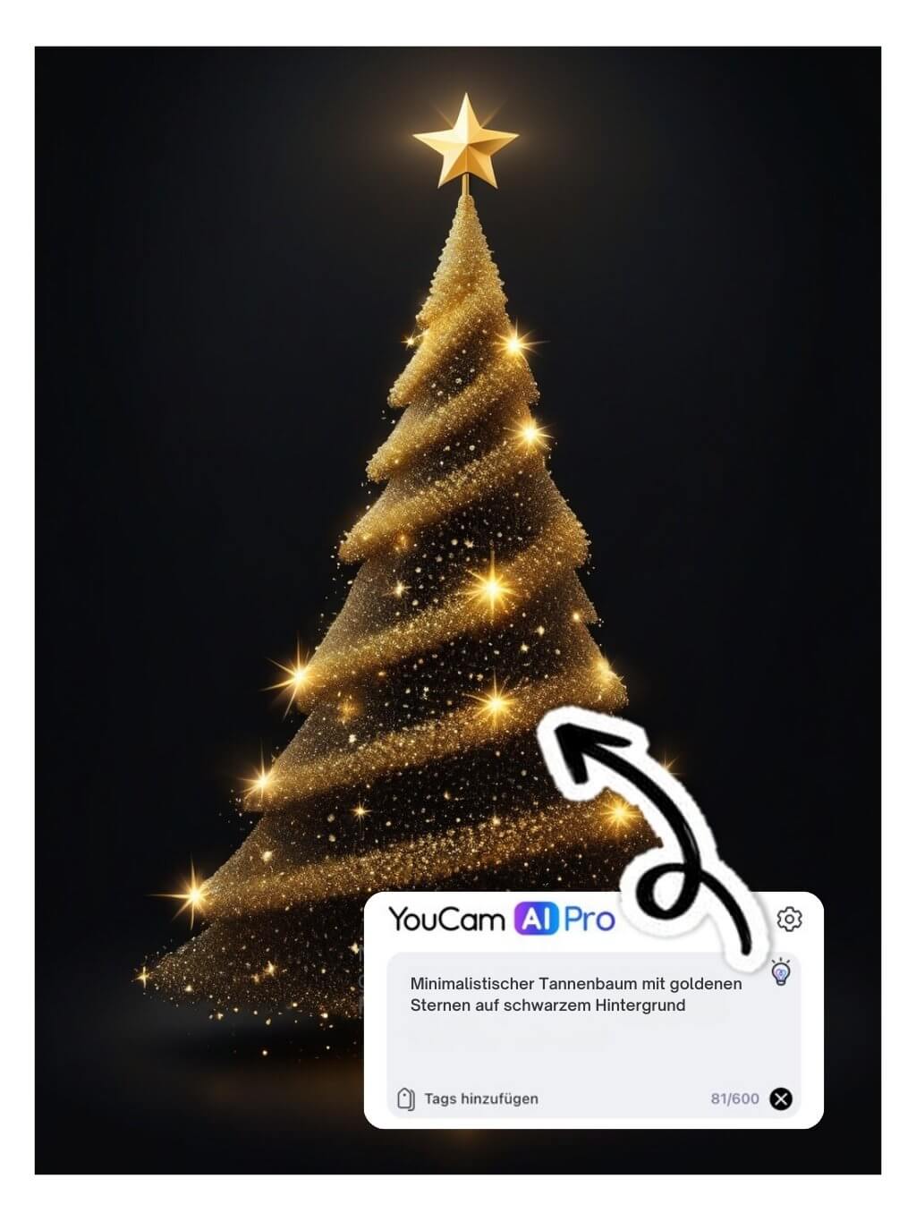 "Minimalistischer Tannenbaum mit goldenen Sternen auf schwarzem Hintergrund"