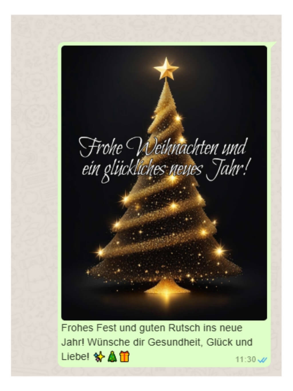 Bild eines goldenen Tannenbaums mit der Aufschrift "Frohe Weihnachten und ein glückliches neues Jahr!" in einem WhatsApp-Chat