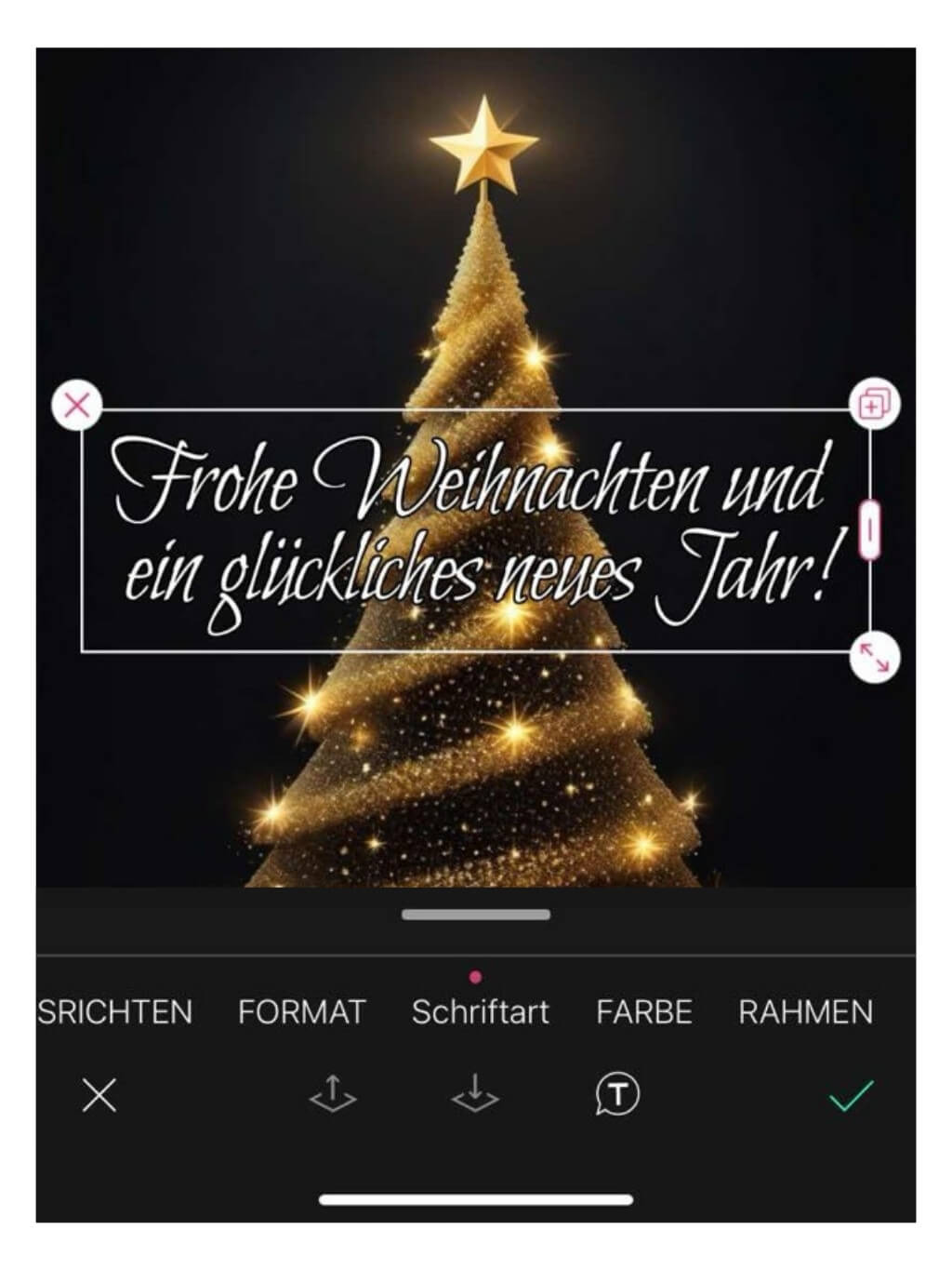 Minimalistischer Tannenbaum mit goldenen Sternen auf schwarzem Hintergrund mit der Aufschrift "Frohe Weihnachten und ein glückliches neues Jahr!"