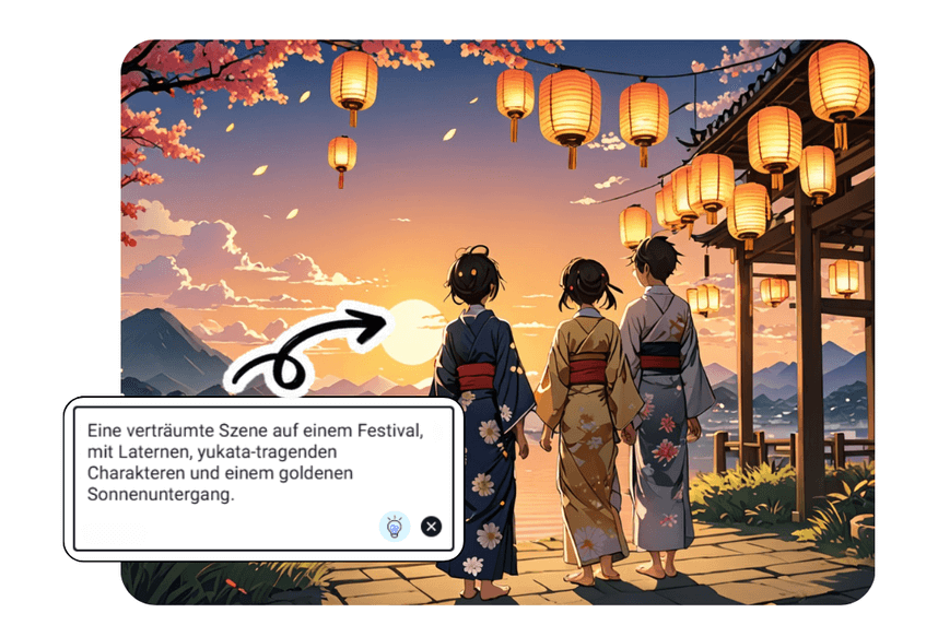 Eine verträumte Szene auf einem Festival, mit Laternen, yukata-tragenden Charakteren und einem goldenen Sonnenuntergang.