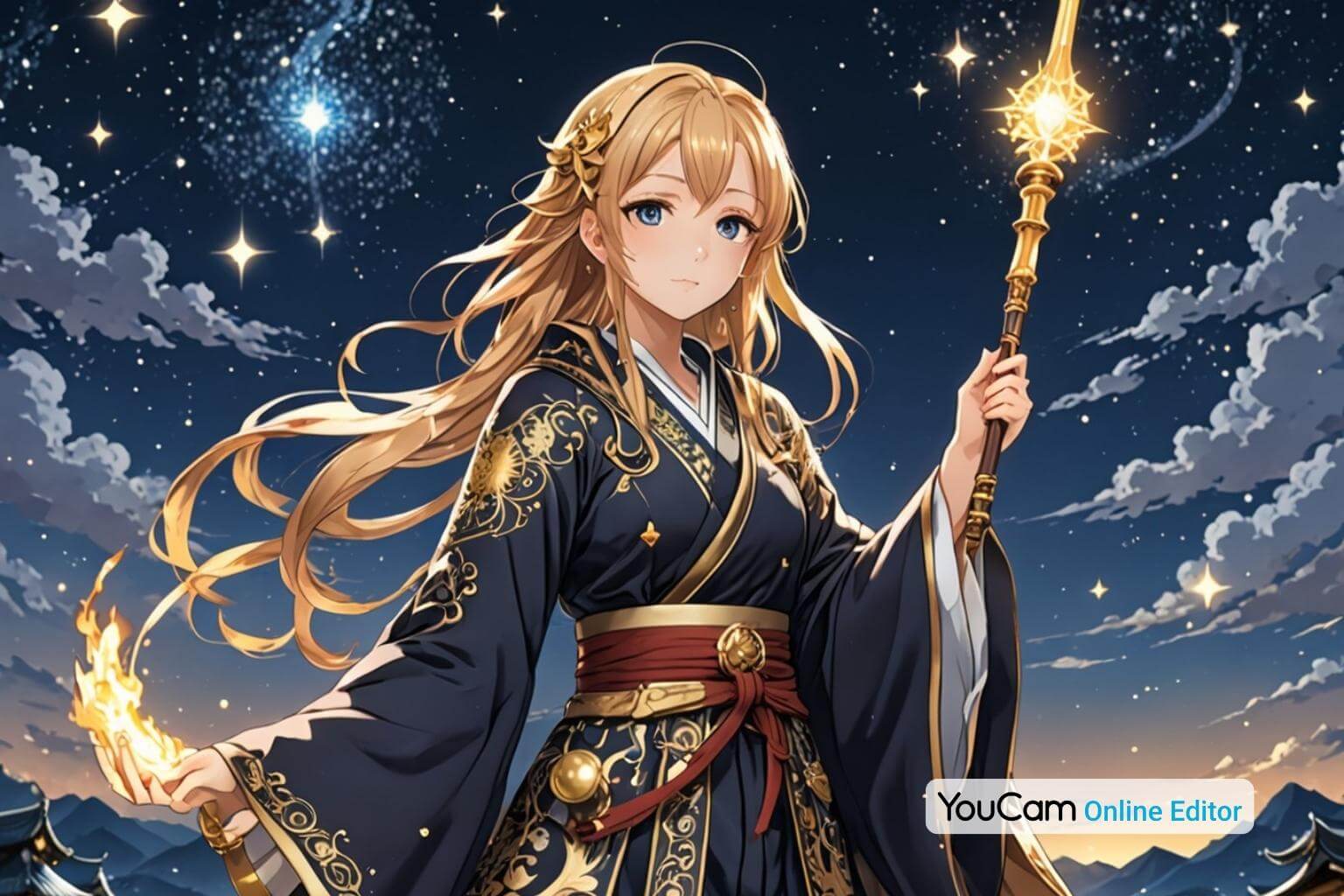 Anime-Magierin mit leuchtendem Zauberstab, in kunstvollem Gewand mit goldenen Mustern, unter einem Nachthimmel voller Sterne