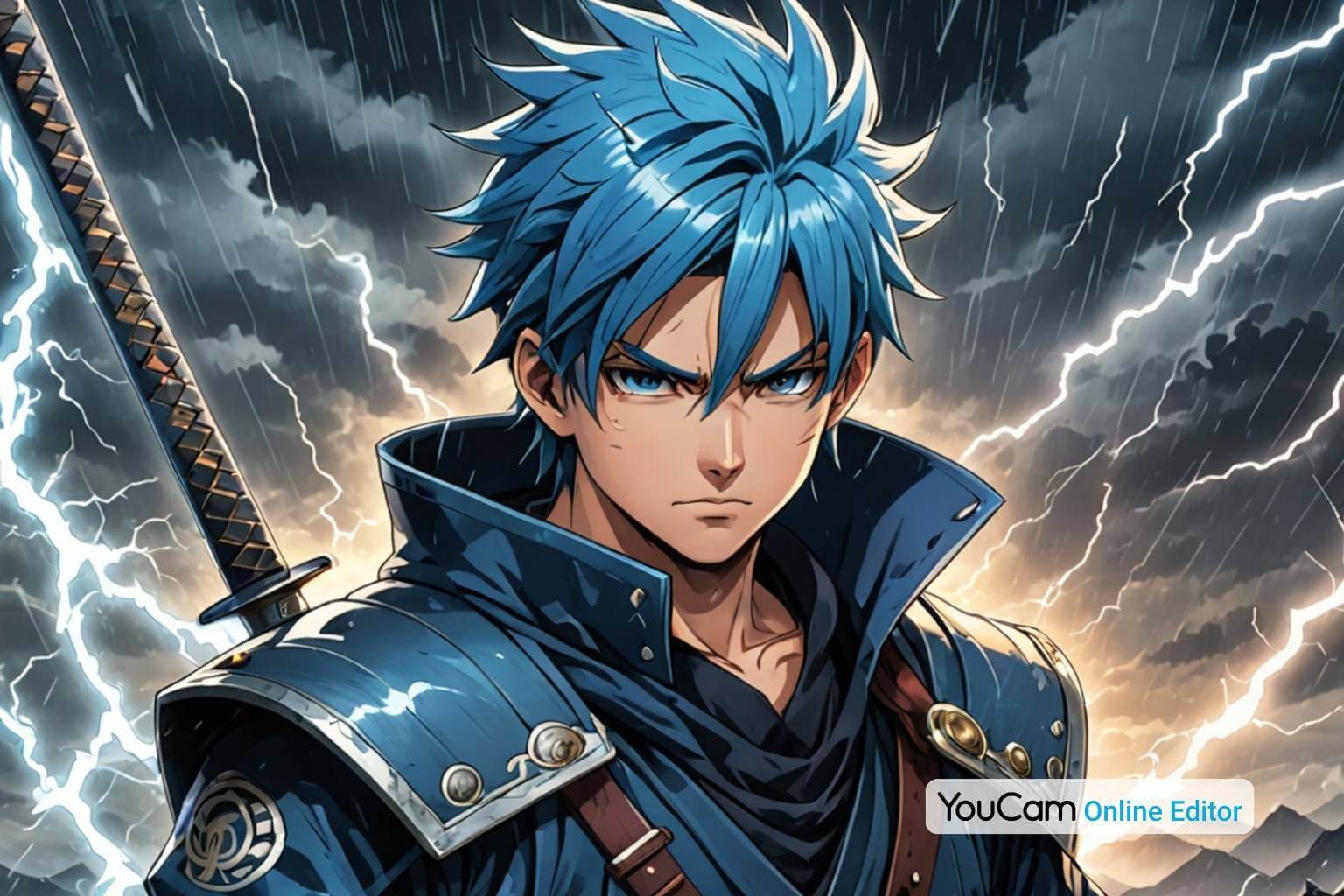 Anime-Krieger mit stachelblauen Haaren und leuchtendes Katana in der Hand, inmitten eines Gewitters mit Blitzen im Hintergrund