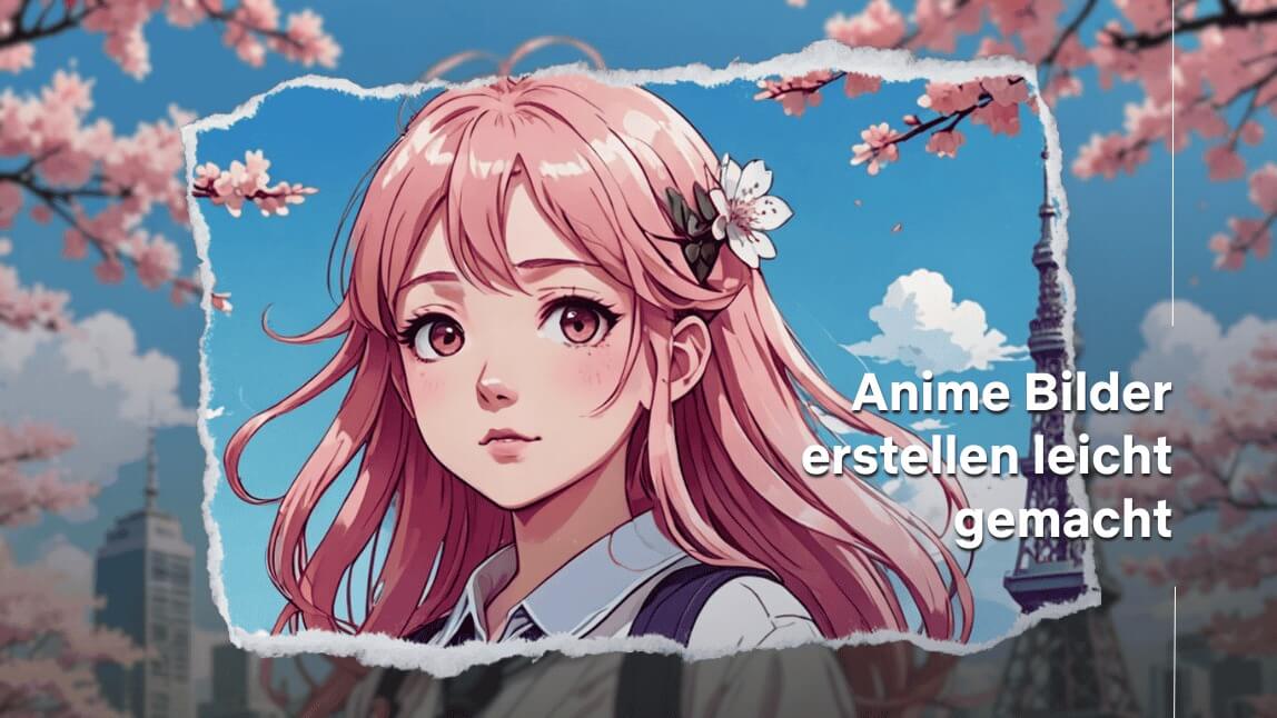 Anime-Mädchen mit pinken Haaren, umgeben von Kirschblüten vor dem Tokyo Tower