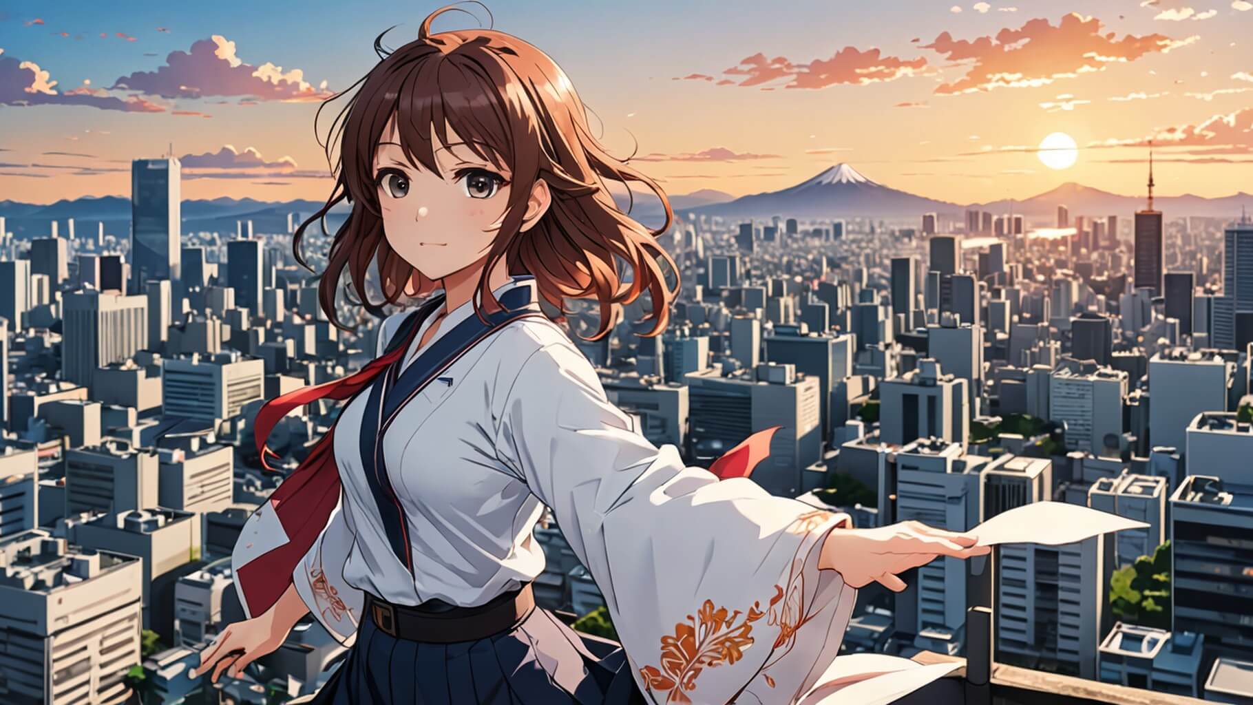 KI-generiertes Bild eines Anime-Mädchen vor einer Stadt