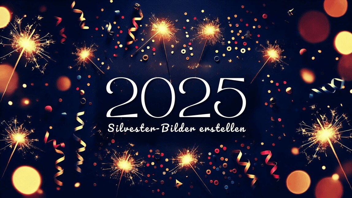 Ein dunkler Hintergrund mit leuchtenden Wunderkerzen, kombiniert mit bunten Konfetti und der Aufschrift "2025".