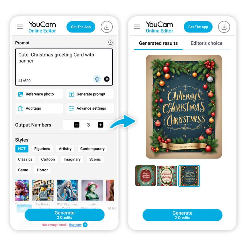 Create stunning Christmas cards with AI text prompts in just a few minutes.