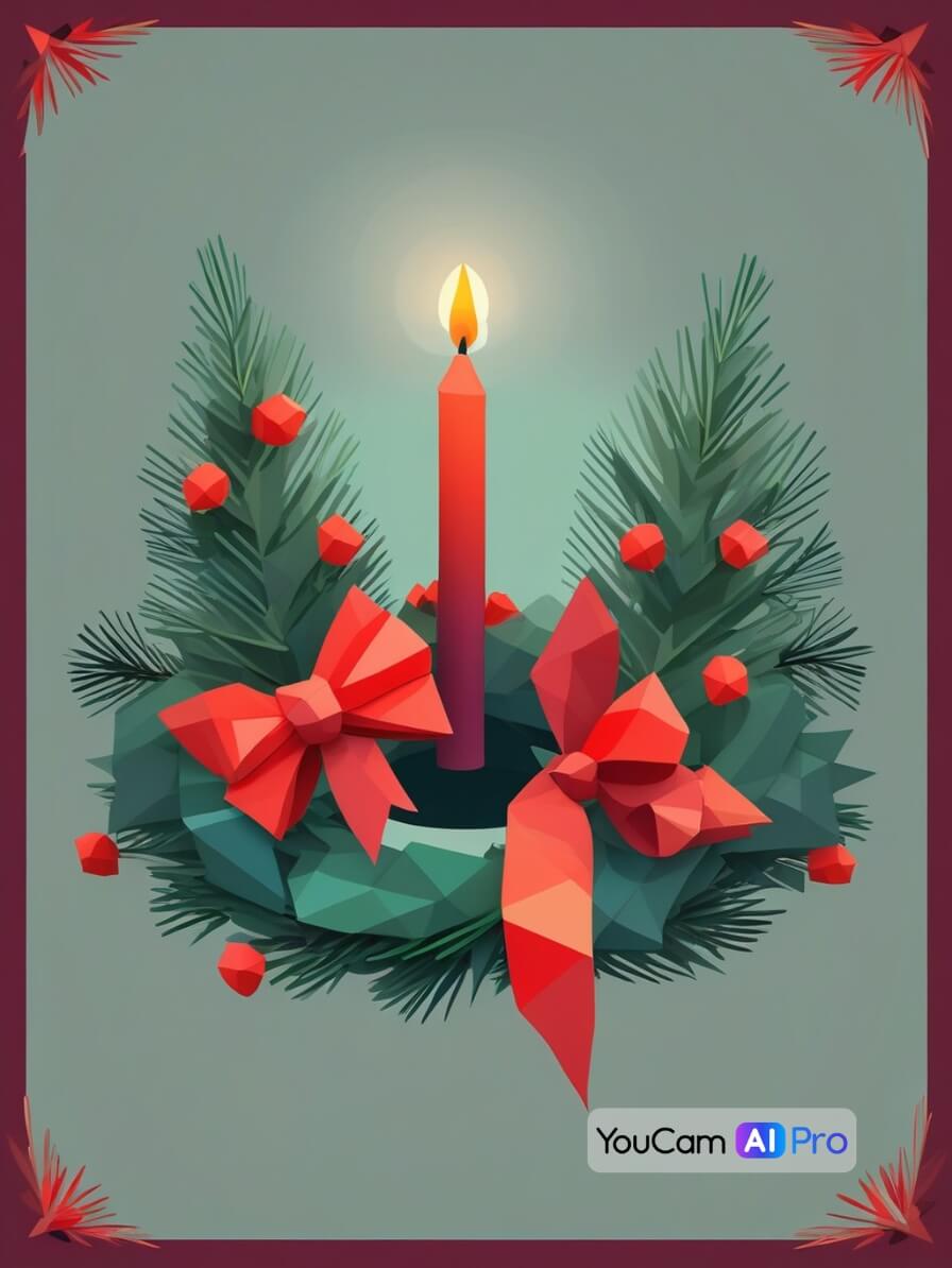 Ein Adventskranz mit einer brennenden Kerze, dekoriert mit Tannenzweigen und roten Schleifen.