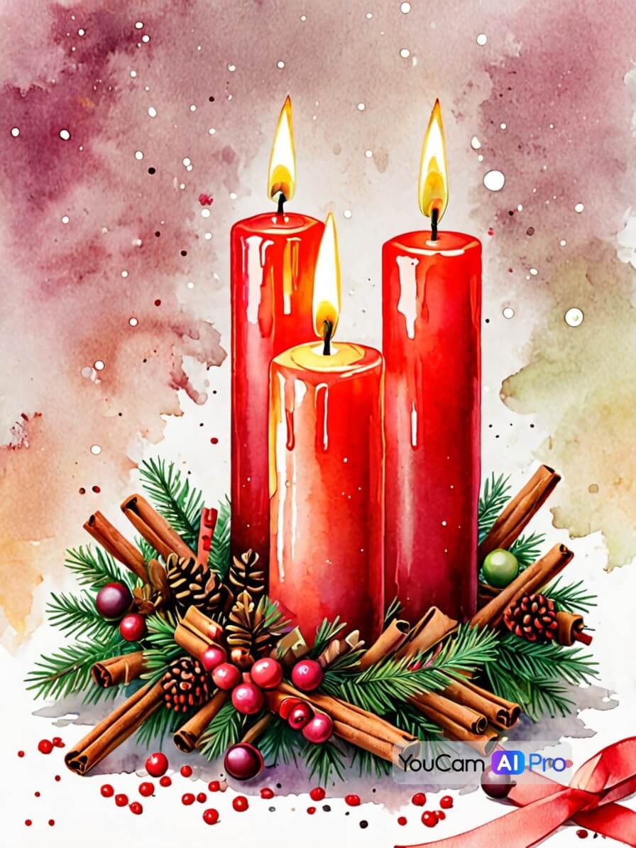 Drei Kerzen brennen auf einem Adventskranz, umgeben von glänzenden Kugeln und Zimtstangen.