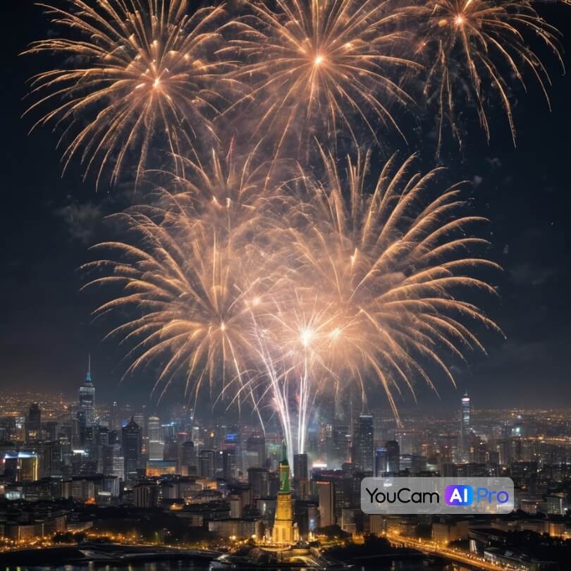Ein funkelndes Feuerwerk über einer Stadt in der Silvesternacht.