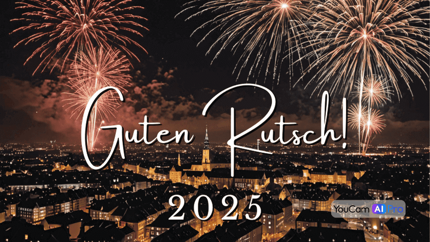 Stadtlandschaft von der Vogelperspektive mit Feuerwerk und der Aufschrift "Guten Rutsch! 2025"
