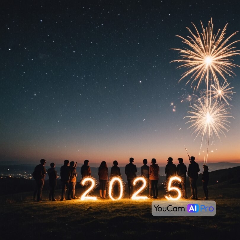 Eine Silhouettenlandschaft, bei der Menschen auf einem Hügel mit Wunderkerzen eine 2025 formen.