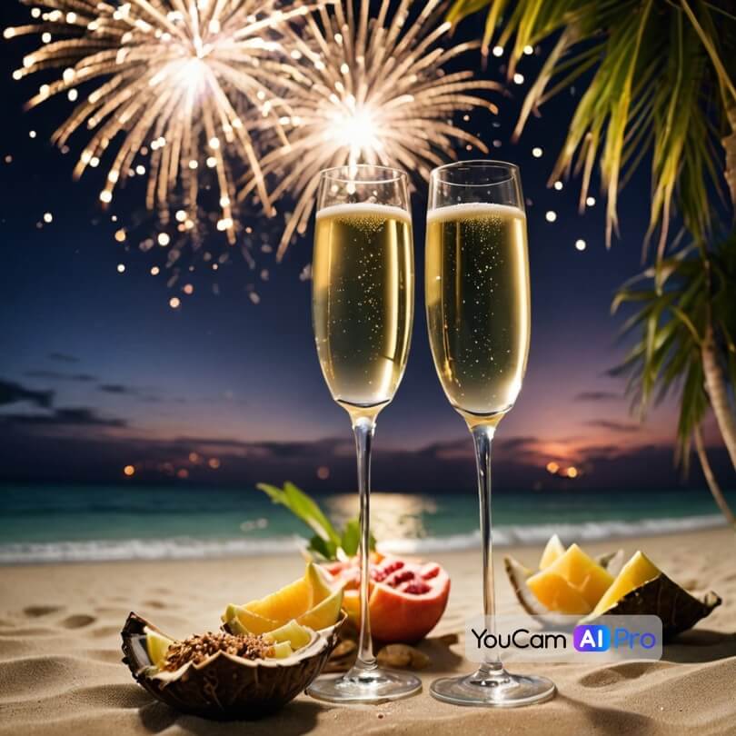 Zwei Gläser Sekt am Strand in einer tropischen Kulisse mit Feuerwerk im Hintergrund.