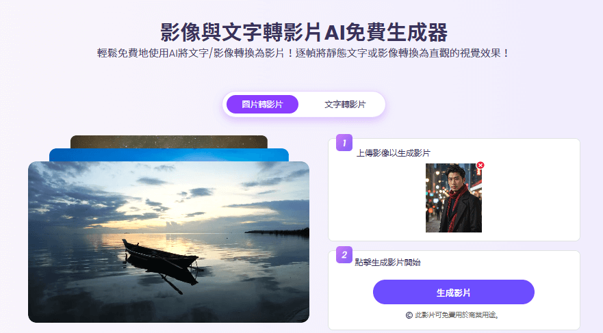 上傳照片，點擊生成影片按鈕
