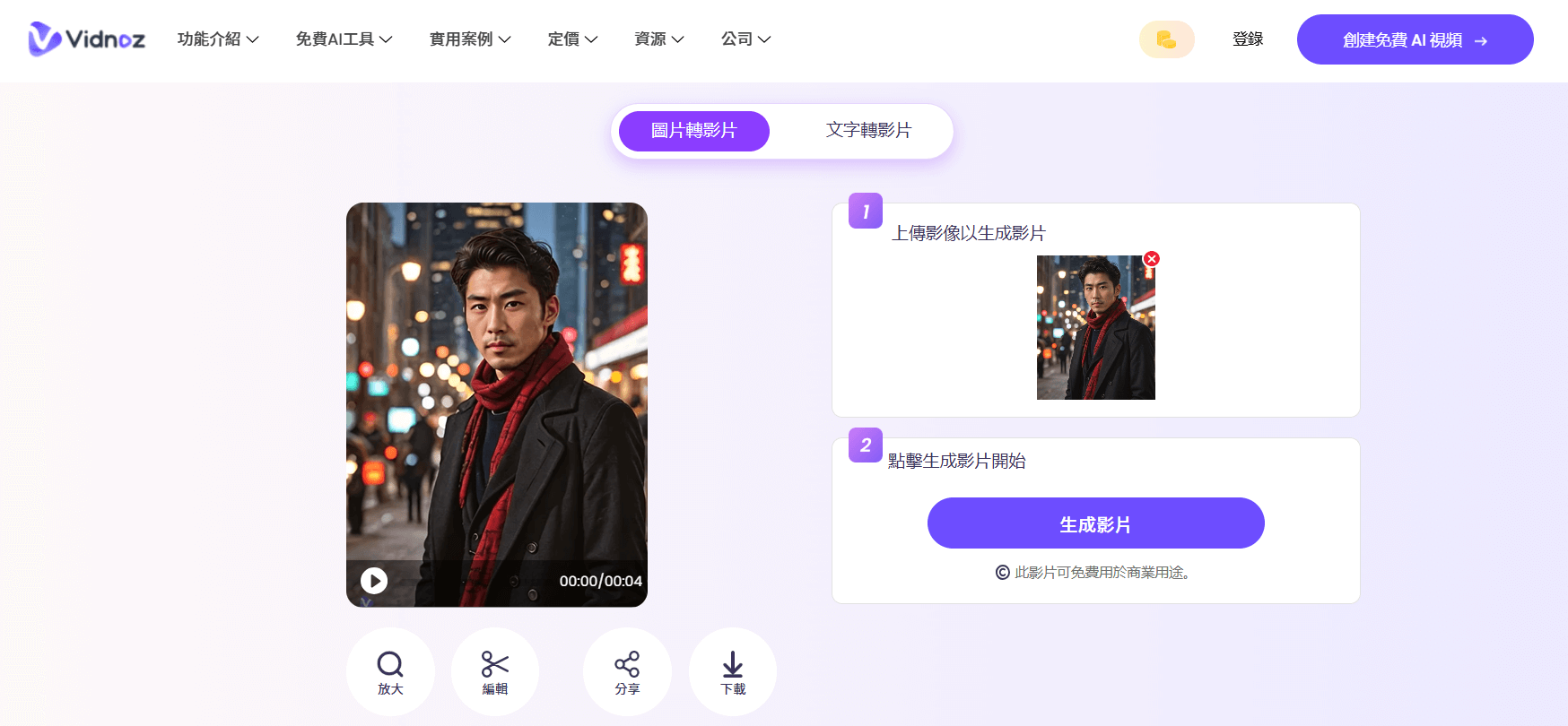 Vidnoz AI 圖片生成影片結果