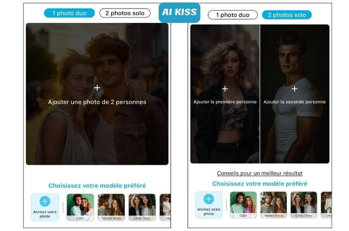 Réalisez un AI KISS, un bisou IA avec la meilleure appli vidéo IA :  faire s’embrasser des personnes sur photo et vidéo 