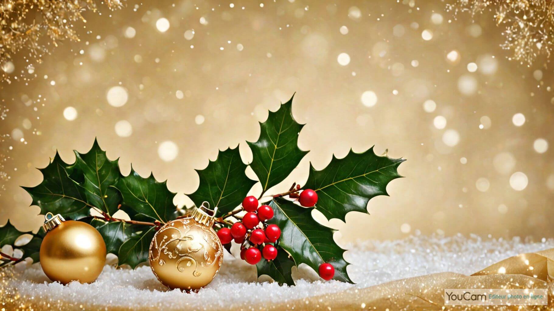 Arriere Plan Noel : décoration boule doré et houx