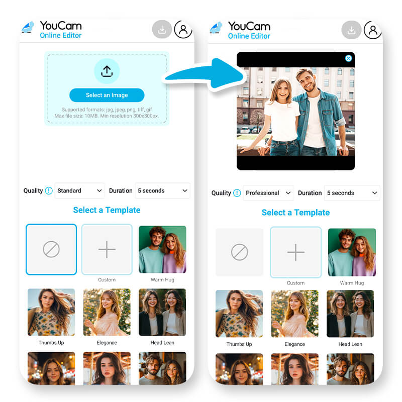 Tela do aplicativo YouCam AI Video Generator com a opção 'Tender Kiss' selecionada.
