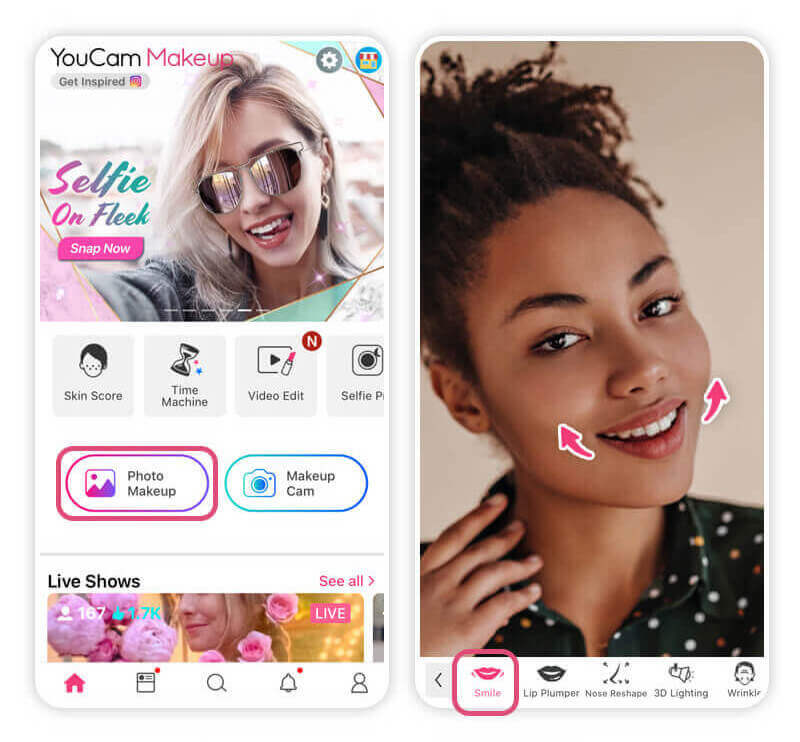 Interface do YouCam Makeup para carregar foto e colocar sorriso
