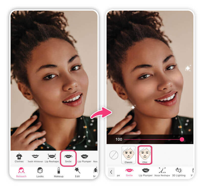 Mulher negra com antes e depois da edição de sorriso no YouCam Makeup