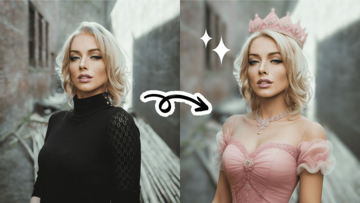 Before-and-after image of a woman: On the left, she's wearing a black turtleneck sweater; on the right, she's virtually transformed into a princess with a pink dress, crown, and sparkling accessories.
