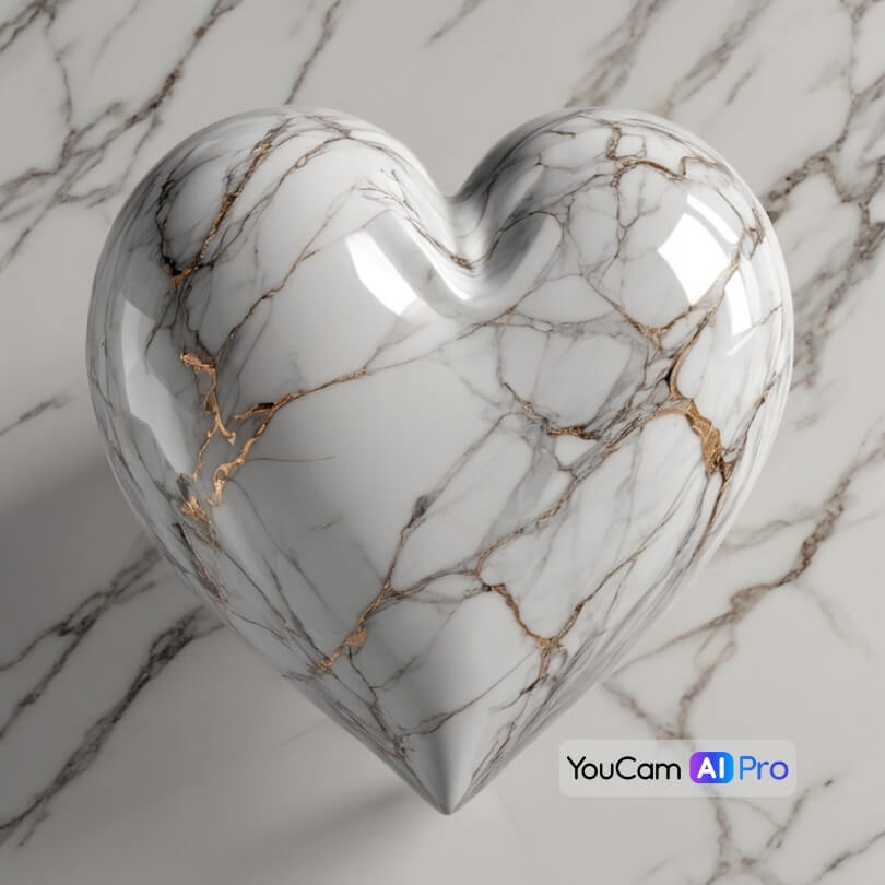 Ein 3D-Herz mit einer weißen Marmorstruktur und goldenen Akzenten, das Eleganz und Luxus ausstrahlt.