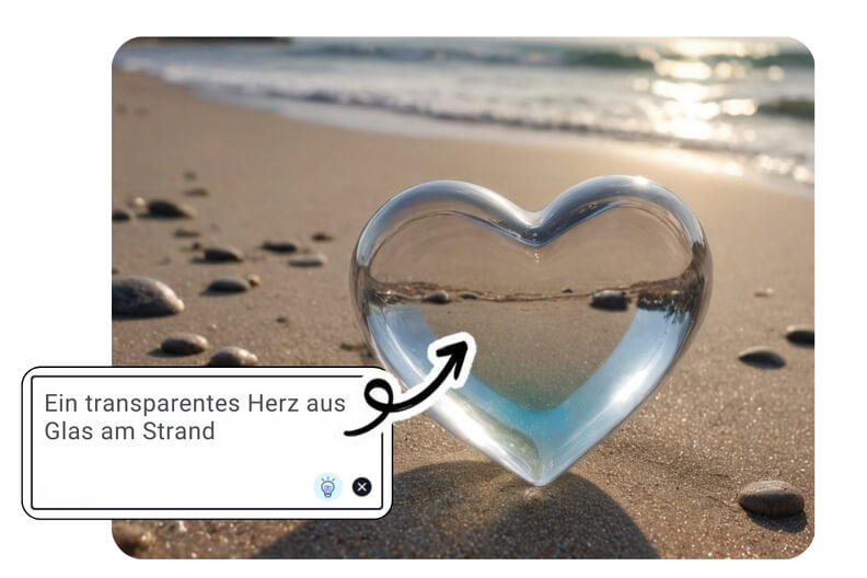 Ein transparentes Herz aus Glas, das auf einem Sandstrand liegt, mit sanften Wellen im Hintergrund – ruhig und romantisch.