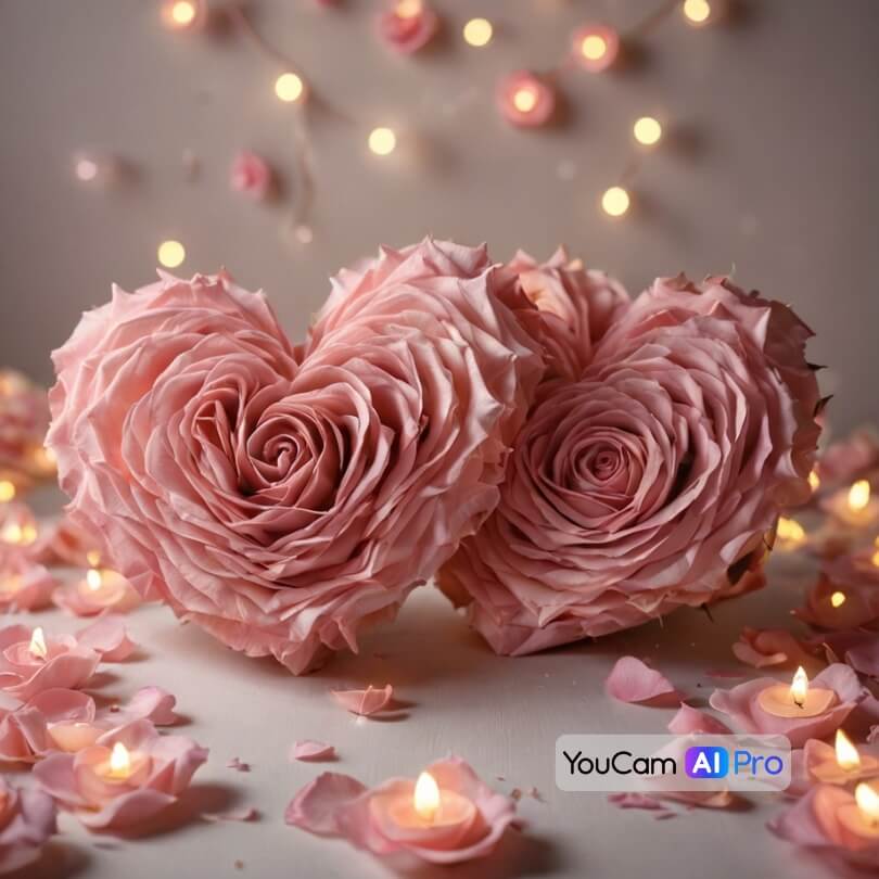 Zwei rosafarbene, herzförmige Blumengestecke aus Rosen, umgeben von leuchtenden Kerzen und verstreuten Blütenblättern – elegant und romantisch.
